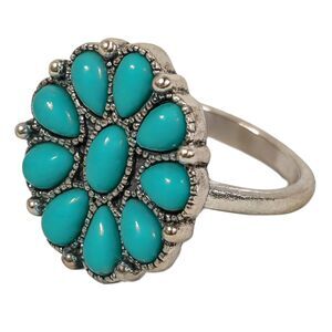 Teal Blue Plastic Faux Turquoise Stones Silver Tone Metal Fashion Ring Size 6